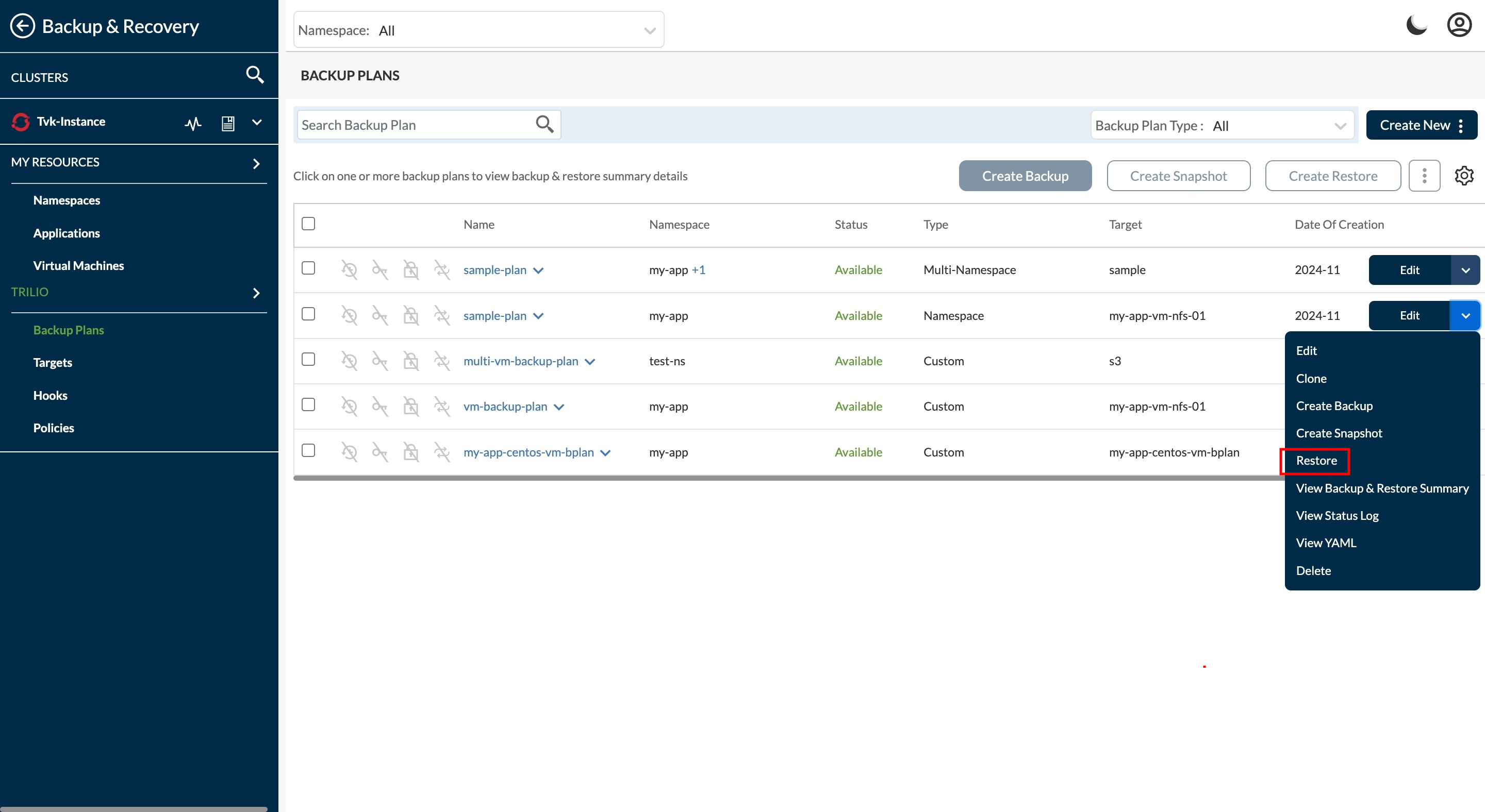 Create Backup options